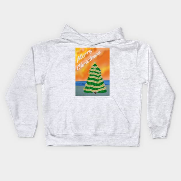 Tropical Merry Christmas. Decorated Tree on a Sandy Beach. Kids Hoodie by Art By LM Designs 